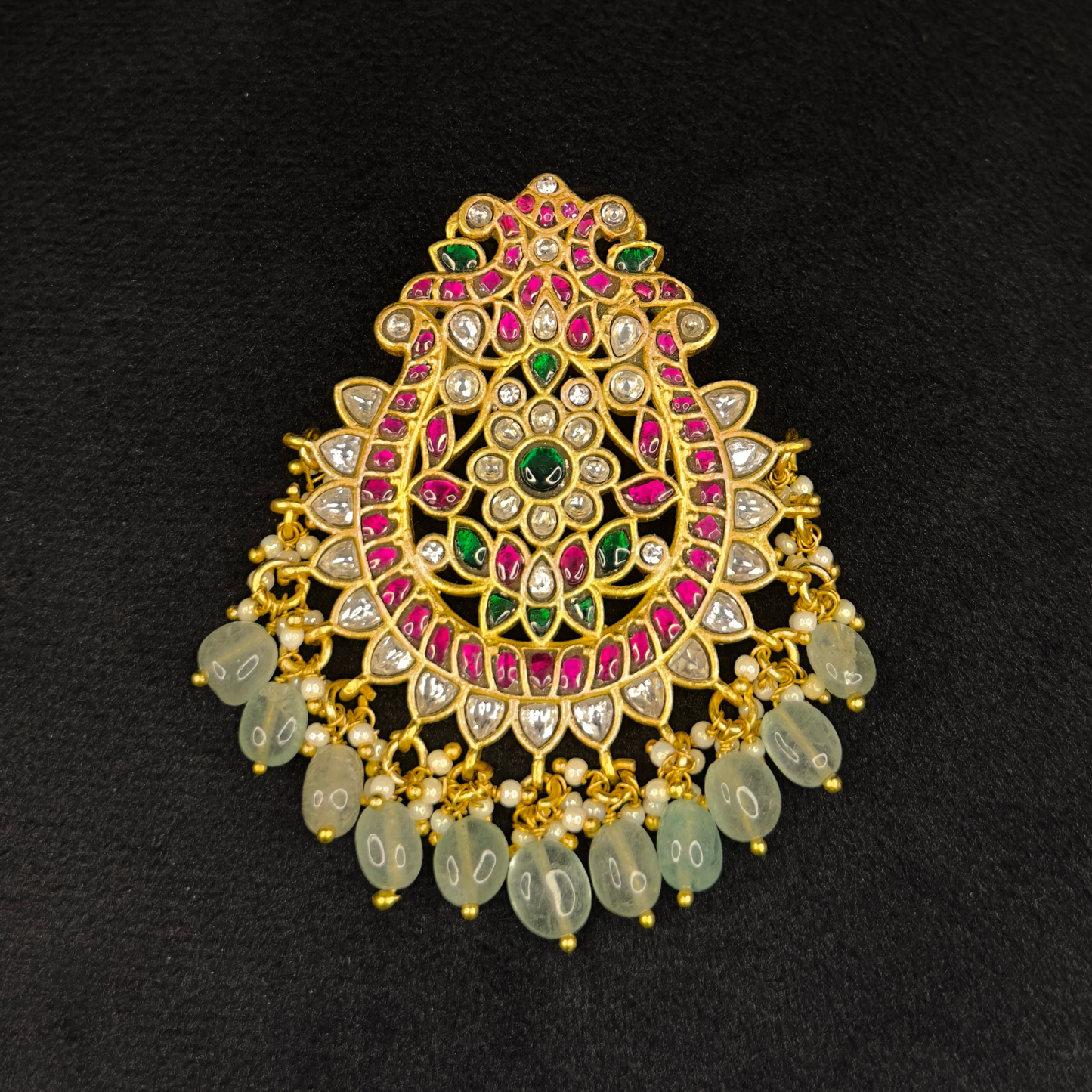 Regal Floral Design Jadau Kundan Pendant with Green Beads
