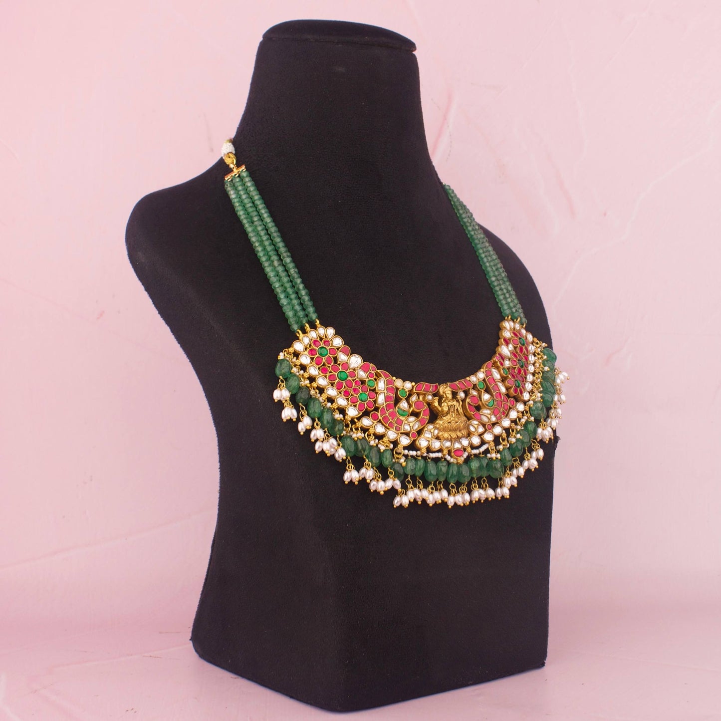 Temple Beads Necklace With Laxmi Devi Center And Green Drops