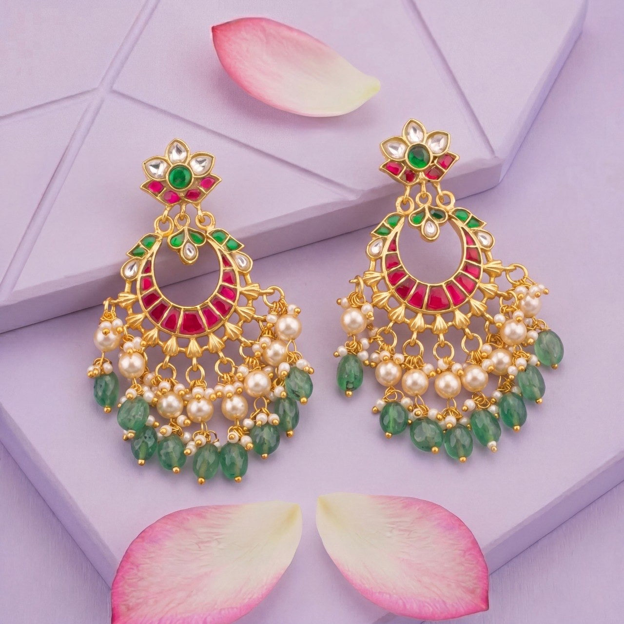 Elegant Jadau Kundan Chandbali Earrings With Pearl Hangings And Green Drops