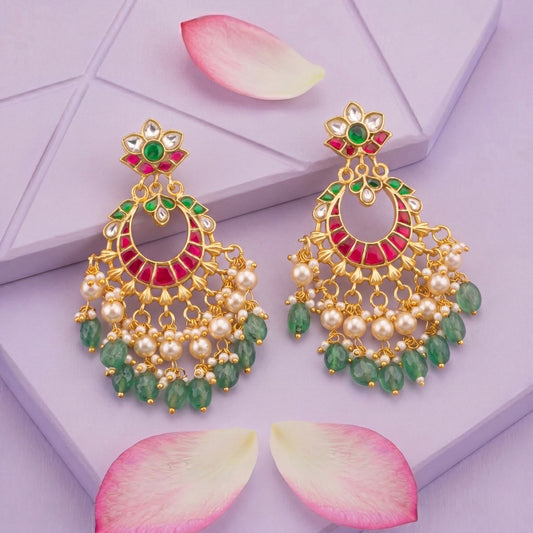 Elegant Jadau Kundan Chandbali Earrings With Pearl Hangings And Green Drops