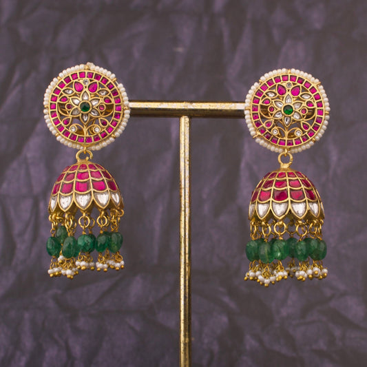 Bridal Jadau Kundan Jhumki Earrings With Strawberry Beads Hanging