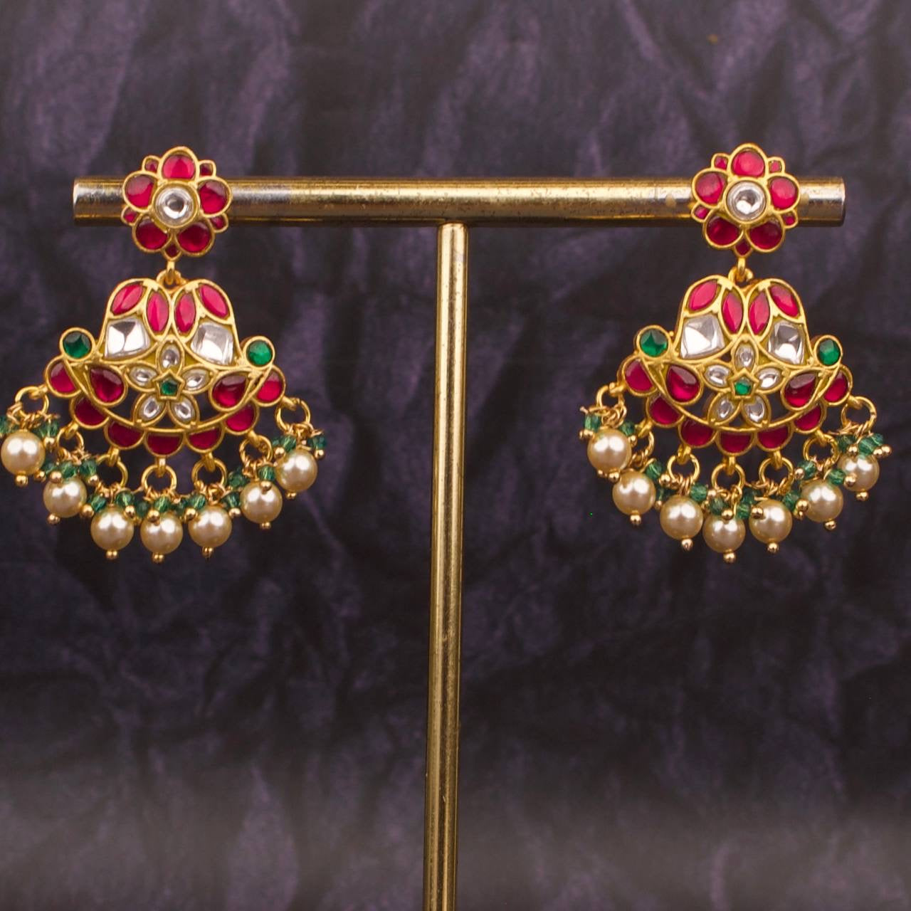 Gold Inspsired Jadau Kundan Chandbali Earrings With Swarovski Pearl Hanging