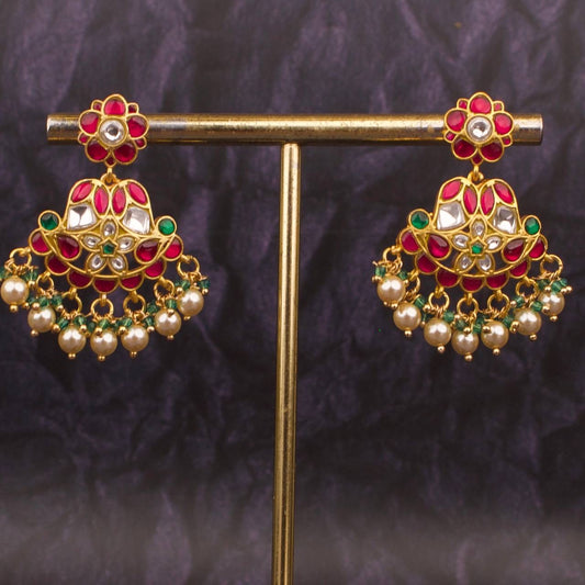 Gold Inspsired Jadau Kundan Chandbali Earrings With Swarovski Pearl Hanging