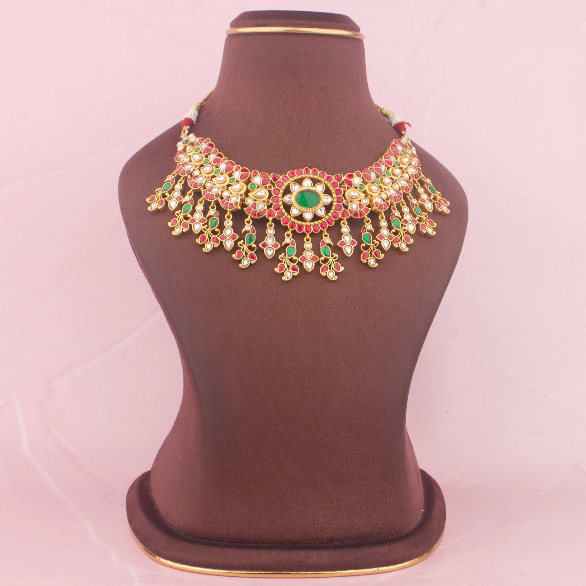 Regal Jadau Kundan Short Necklace With Hangings - Handcrafted Indian Bridal Jewelry by Dulhan Jewels