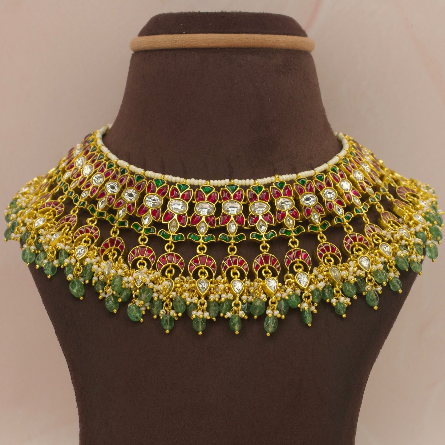 Bridal jadau kundan choker with bead hangings with 22k gold plating