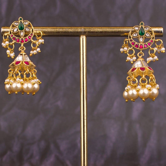 Small - Sized Jadau Kundan Jhumki Earrings With Pearls Hangings