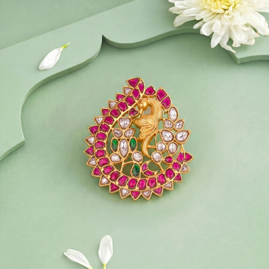 Nakshi Peacock Design Jadau Kundan Pendant With Green Beads Hangings
