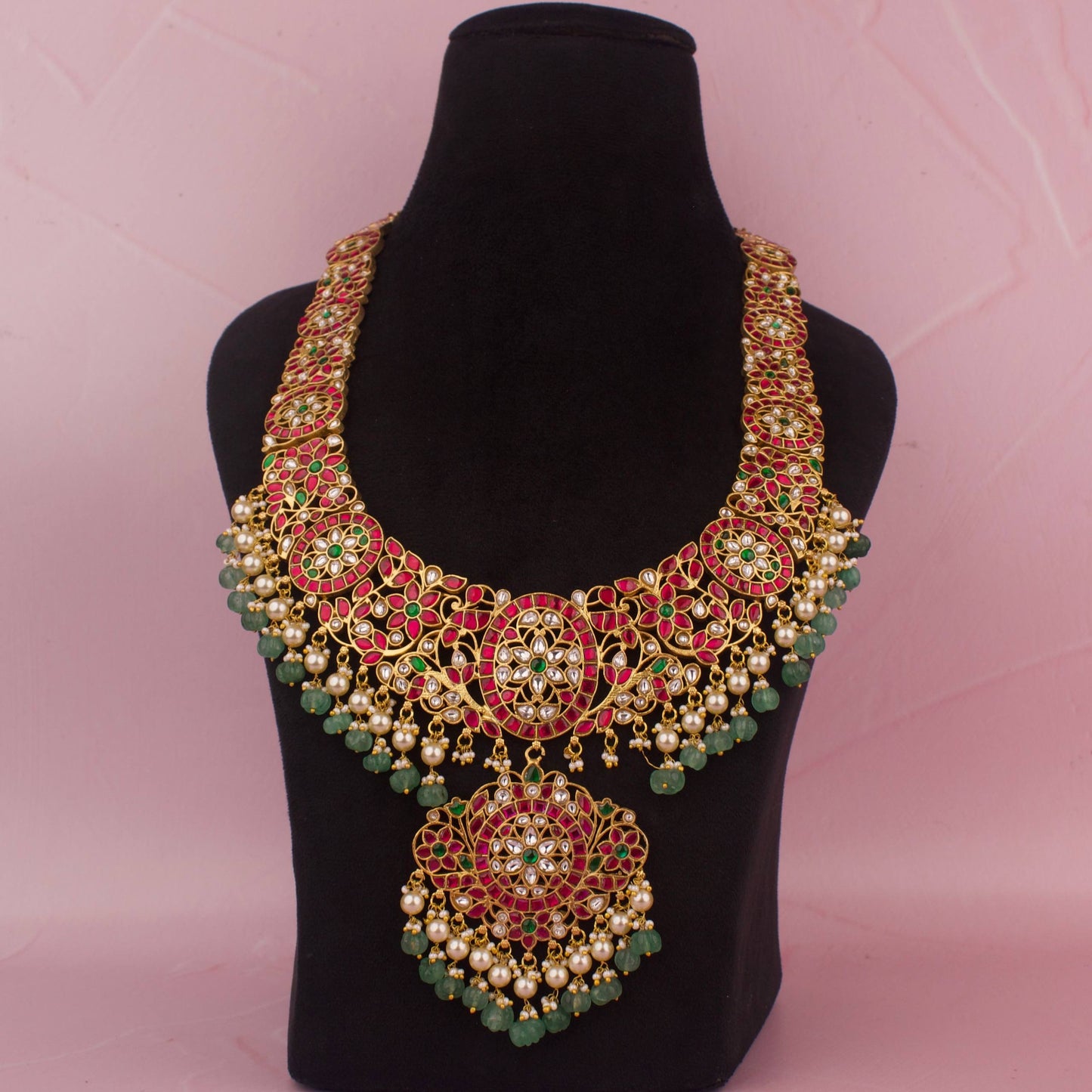 Long Jadau Kundan Bridal Necklace With Pearl & Beads Hangings