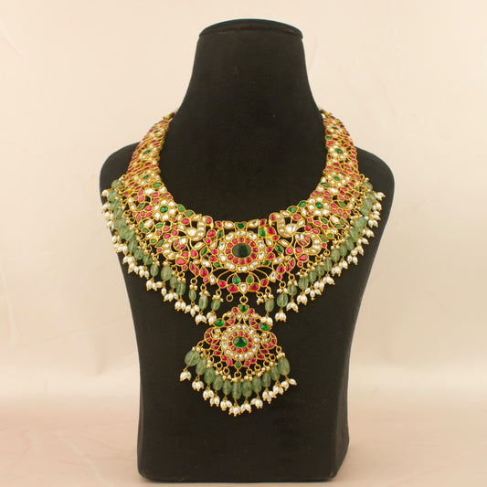 Bridal Jadau Kundan Necklace With Bead & Pearl Hangings