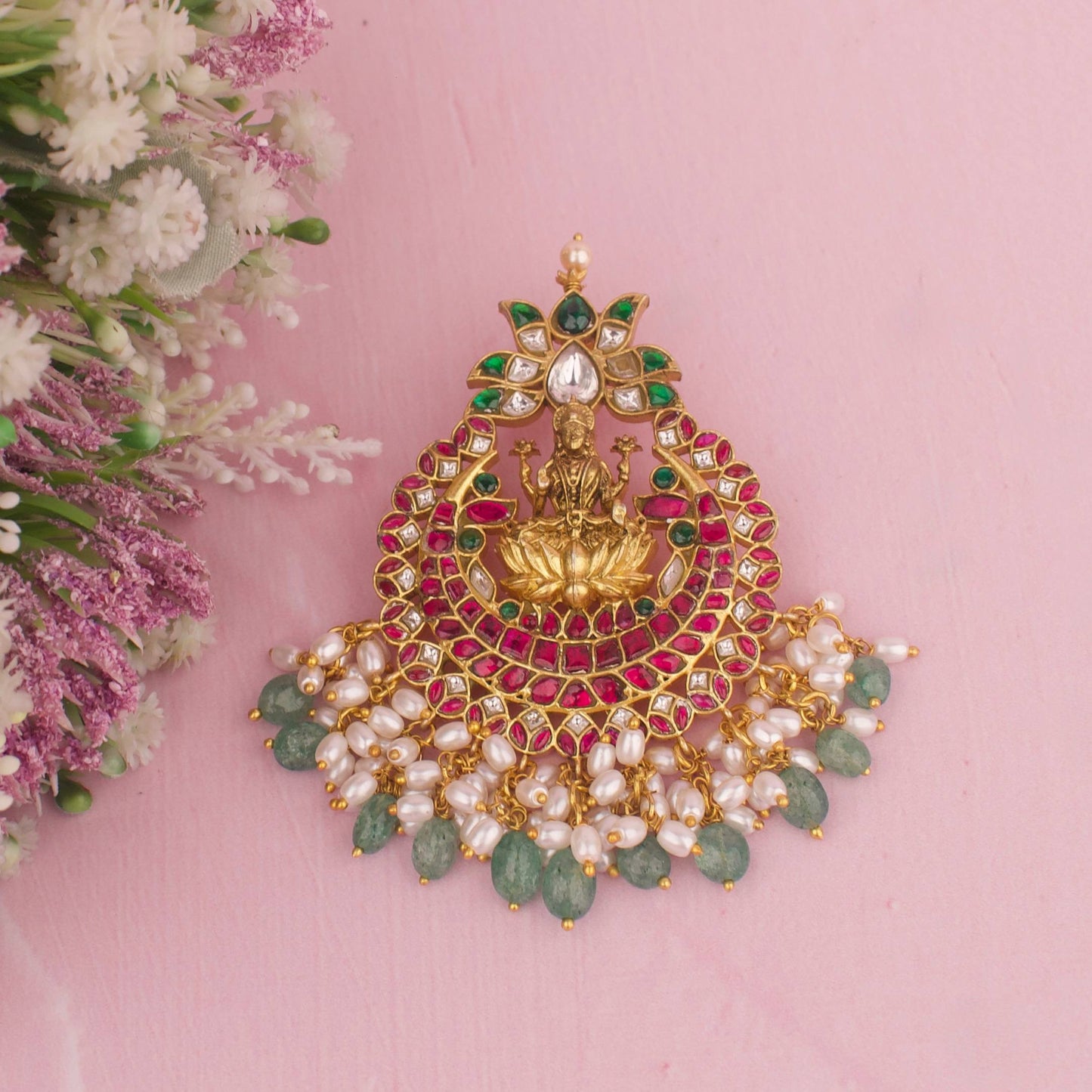 Jadau Kundan Laxmi Devi Design Lotus Pendant With Guttapusalu Hangings