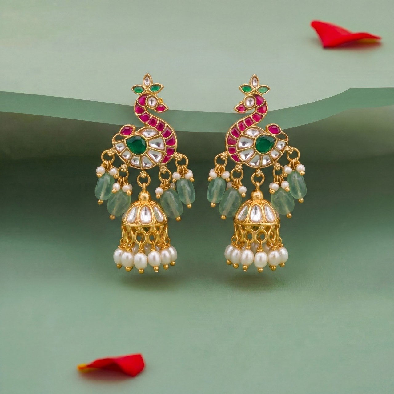 Designer Peacock Jadau Kundan Stud Jhumka Earrings With Pearl Drops