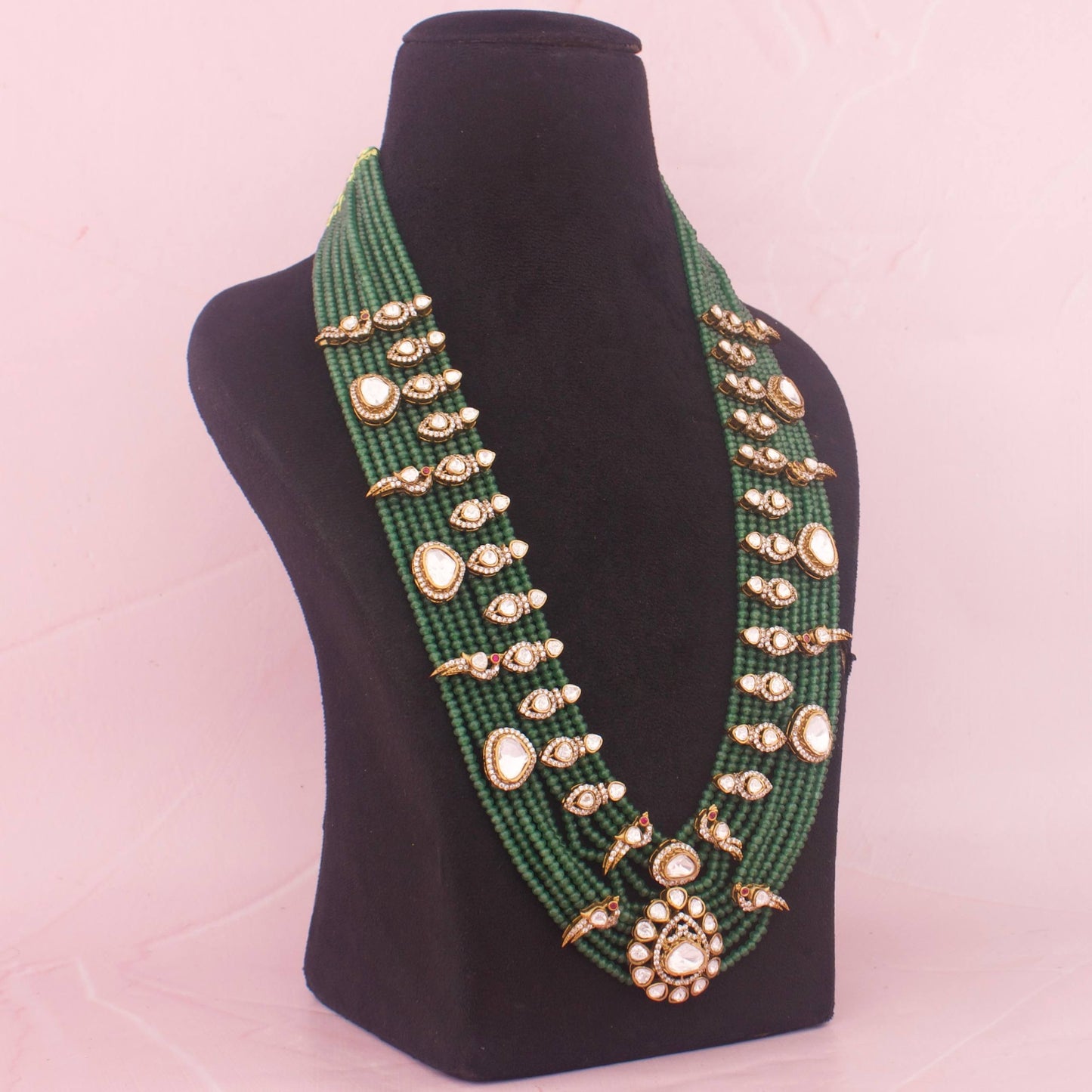 Royal Jadau Kundan Green Beads Mala With Earrings