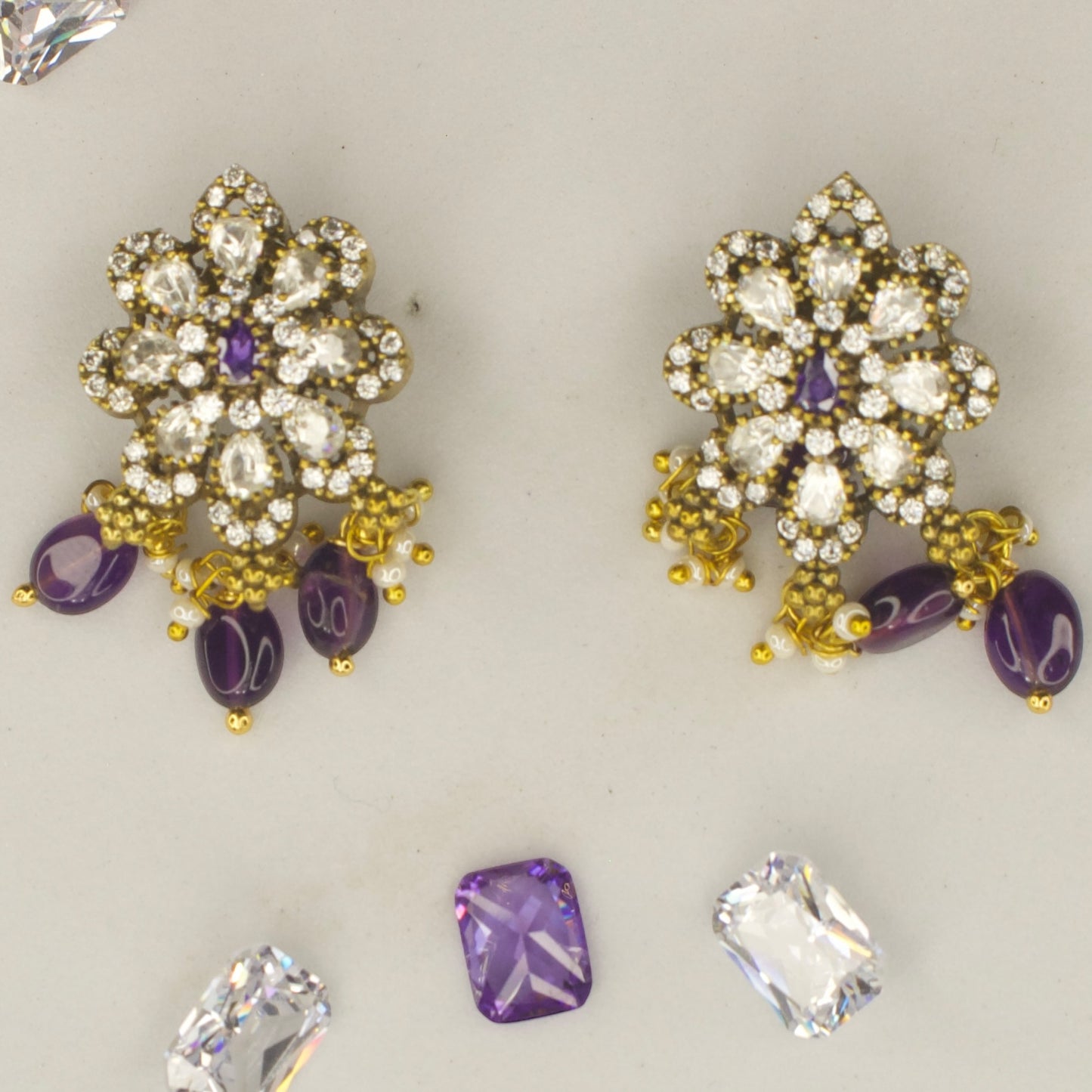 Delicate emerald,amethyst,Ruby studs in Victorian finish with high quality victorian finish