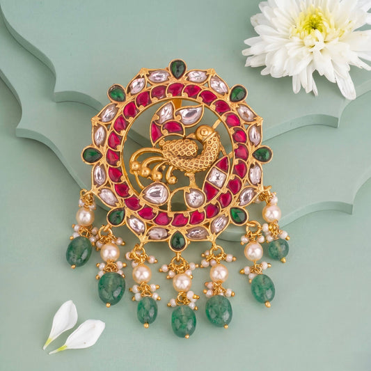 Unique Jadau Kundan Locket With Emerald Drops