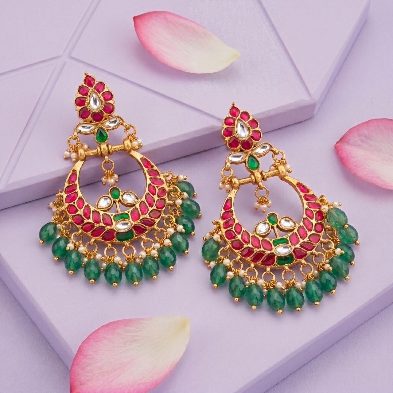 Designer Jadau Kundan Chandbali Earrings With Emerald Beads