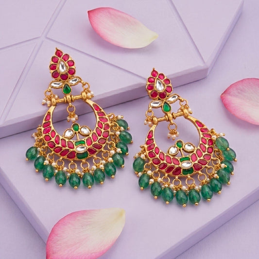 Designer Jadau Kundan Chandbali Earrings With Emerald Beads