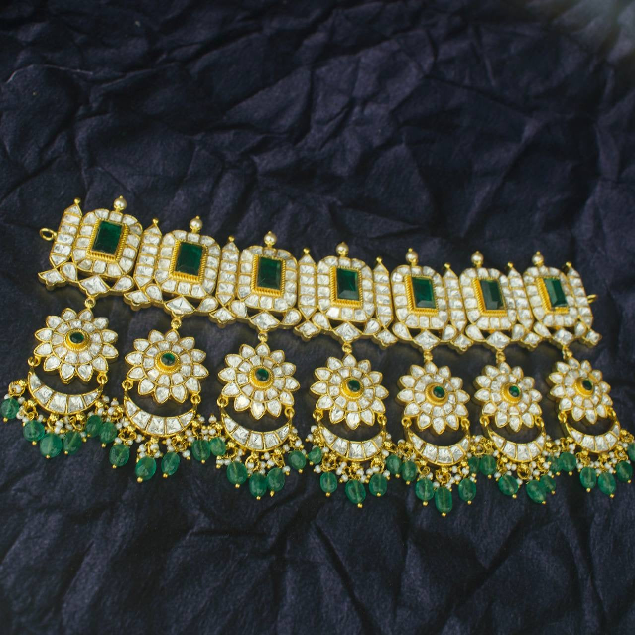 bridal moissanite polki choker with green center stones and floral bead fringe