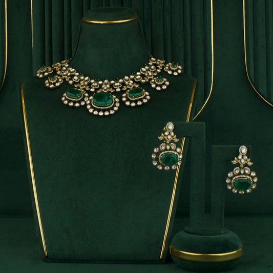 Bridal Victorian Emerald Polki Necklace Set With Matching Earrings