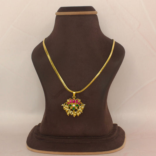 Elegant Lotus Jadau Kundan Chain Pendant Necklace with 22k gold plating