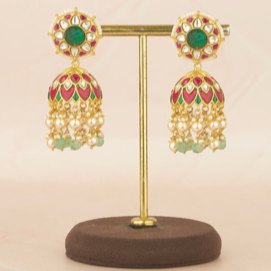 Bridal Floral Design Jadau Kundan Jhumki with Pearl and Beads Hanging