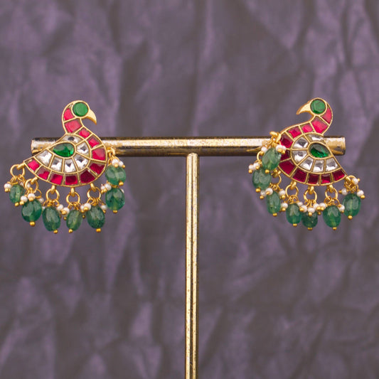 Majestic Peacock Design Jadau Kundan Studs With Emerald Beads