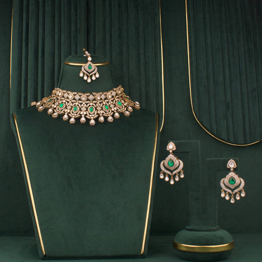 Traditional Polki Mehandi Victorian Choker Set  With Matching Earrings And Maangtika - Handcrafted Indian Bridal Jewelry by Dulhan Jewels