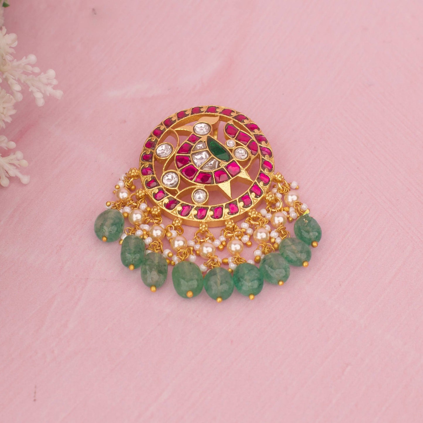 Premium Jadau Kundan Locket With Emerald Beads