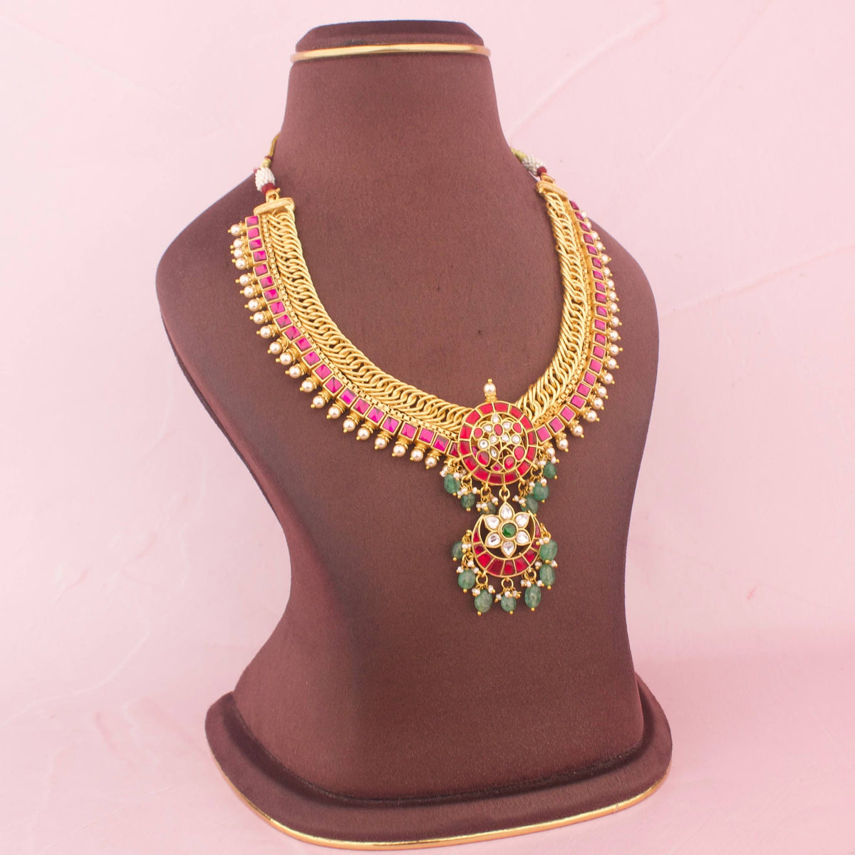 Traditional Jalebi Jadau Kundan Necklace With Emerald Beads