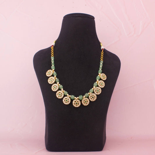Stylish Green Beads Mala With Floral Motifs