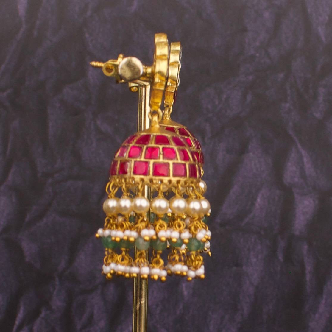 Floral Studded Jadau Kundan Jhumki Earrings With Guttapusalu Hangings