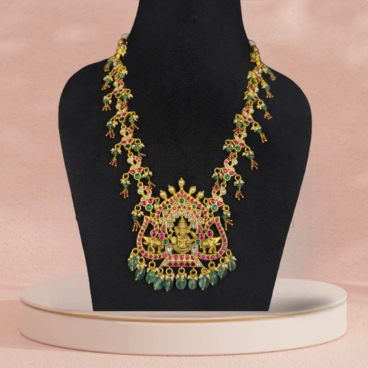Intricate Jadau Kundan Long Necklace with Traditional Temple Pendant