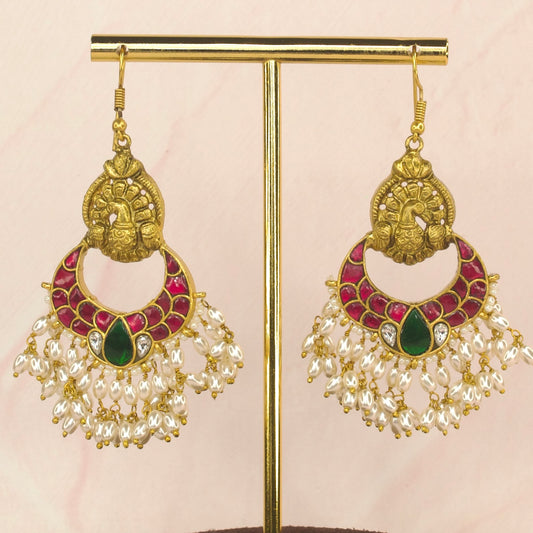 Elegant Peacock Jadau Kundan Chandbali Earrings with Rice pearls