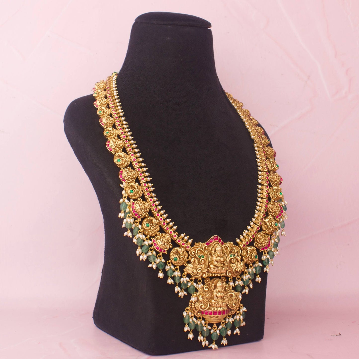 Traditional Long Jadau Kundan Haram Necklace With Emerald Beads