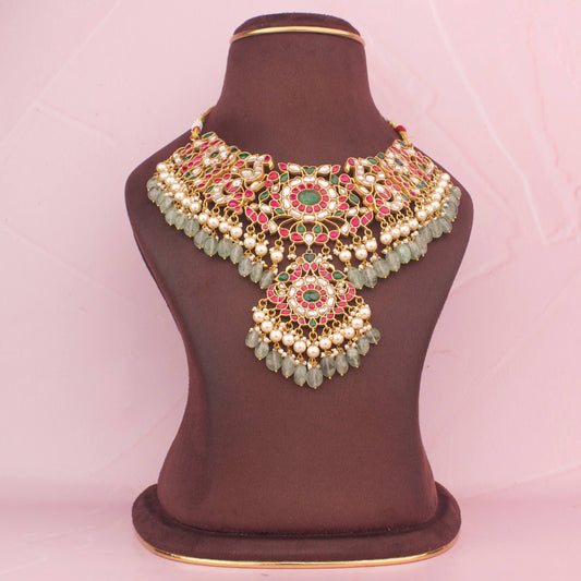 Majestic Jadau Kundan Nakshi Design short Necklace with double Hanging