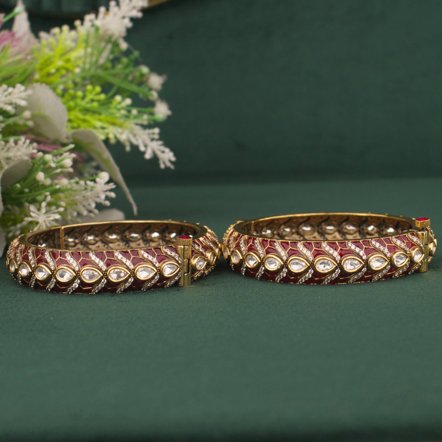 Side Angle & Craftsmanship View of Traditional Fusion Kundan & Polki Victorian Bangles | Dulhan Jewels