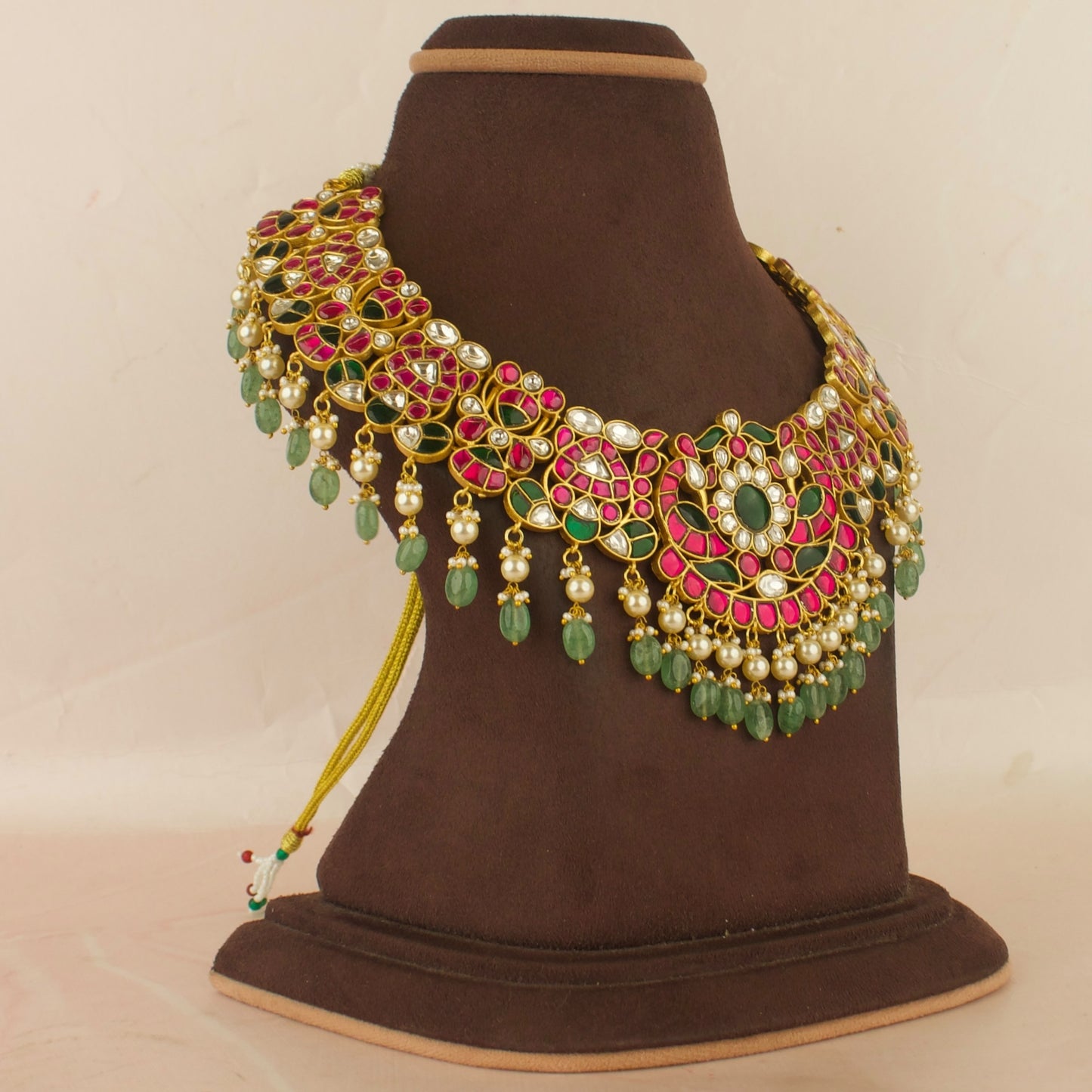 Grand Floral Design Jadau Kundan Necklace with Green Beads