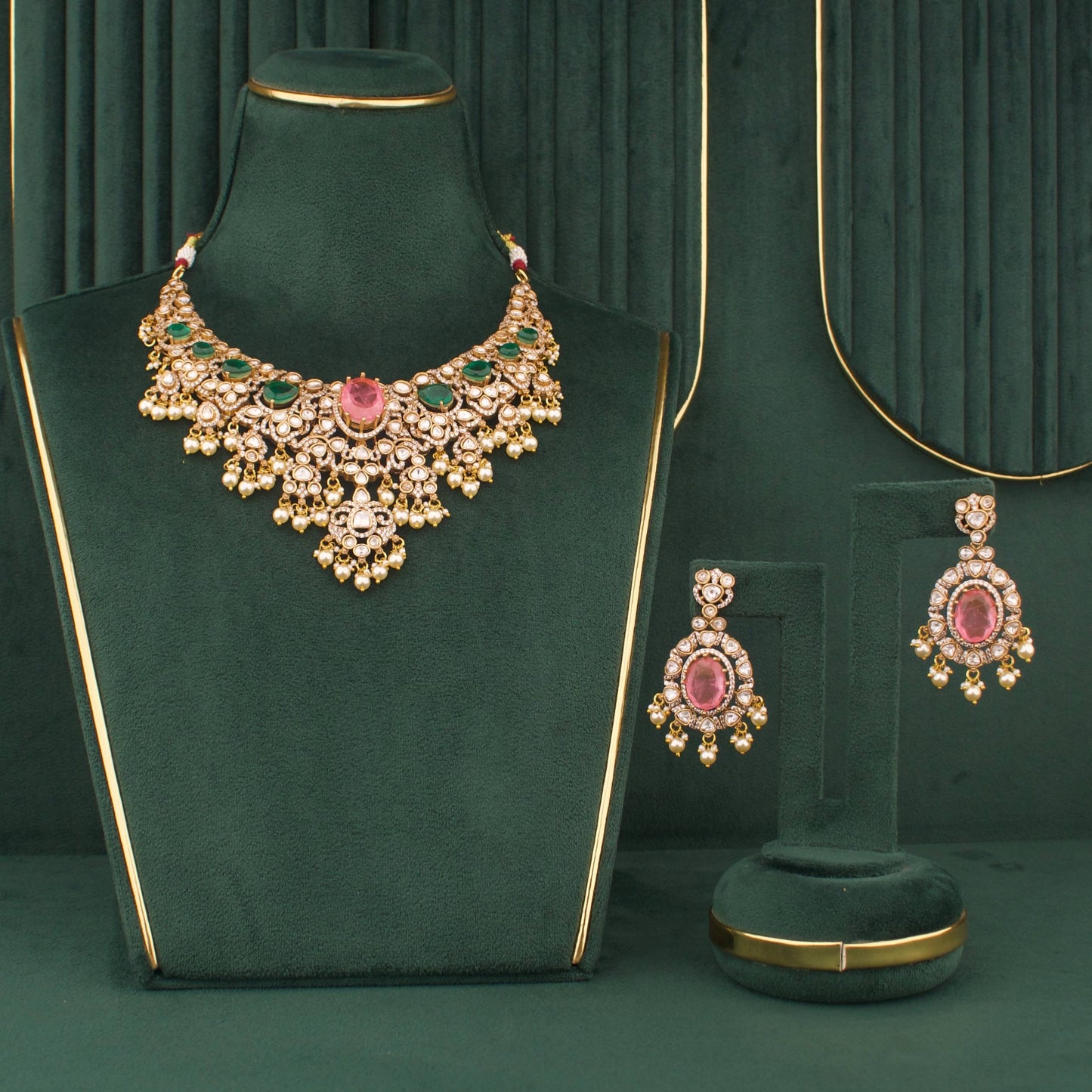 Radiant Victorian Emerald Necklace Set With Pearl Drops And Matching Earrings