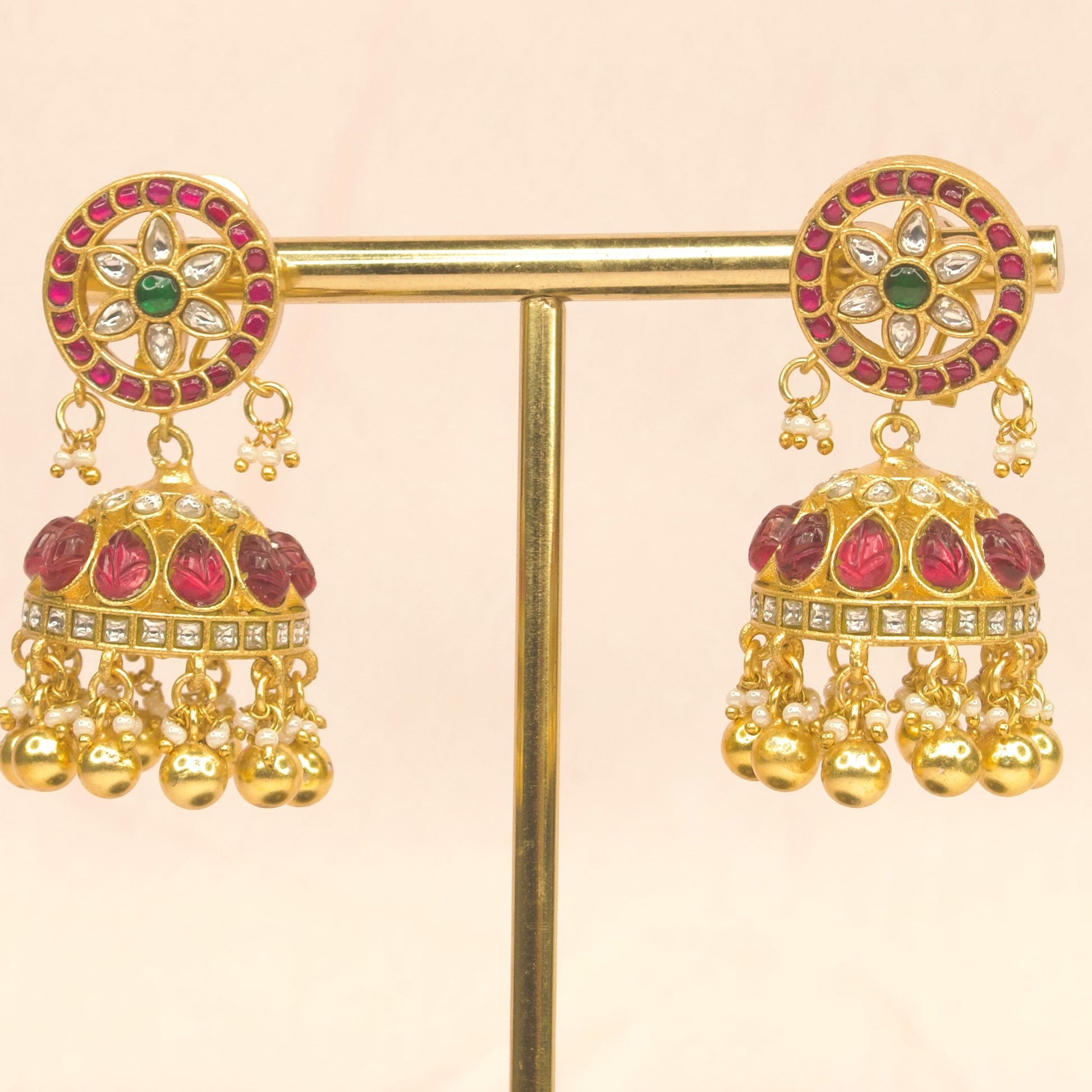 22c gold plated jadau kundan jhumki earrings with colorful stones and intricate design, perfect for festive occasions.