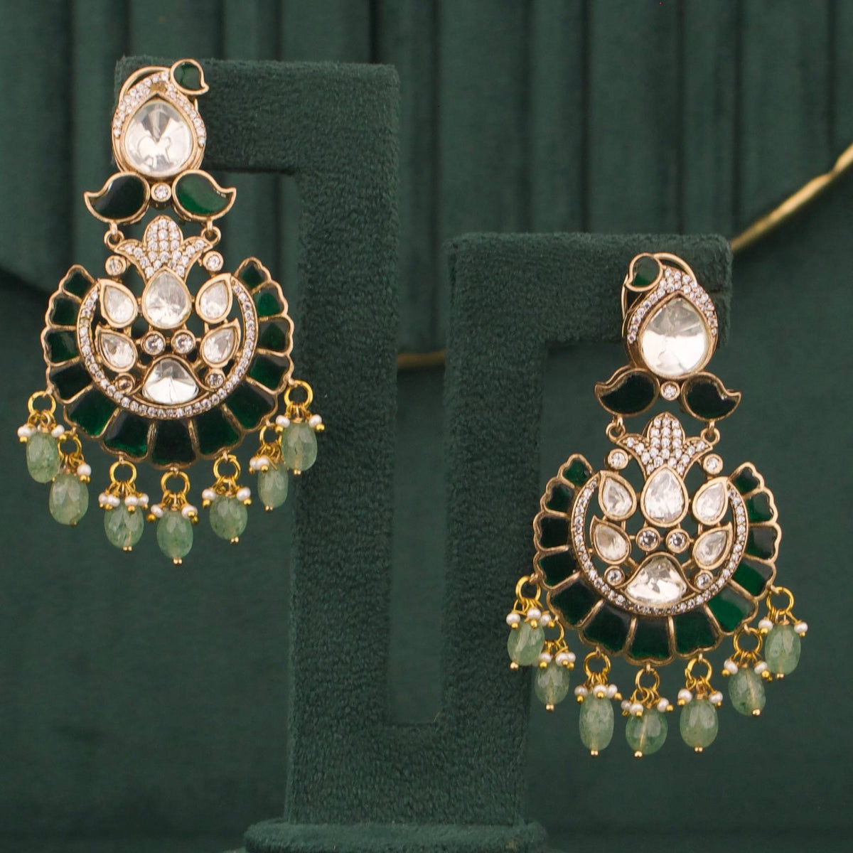 Victorian Polki and Kundan Fusion Chandbali with Pearl Accents - Handcrafted Indian Bridal Jewelry by Dulhan Jewels