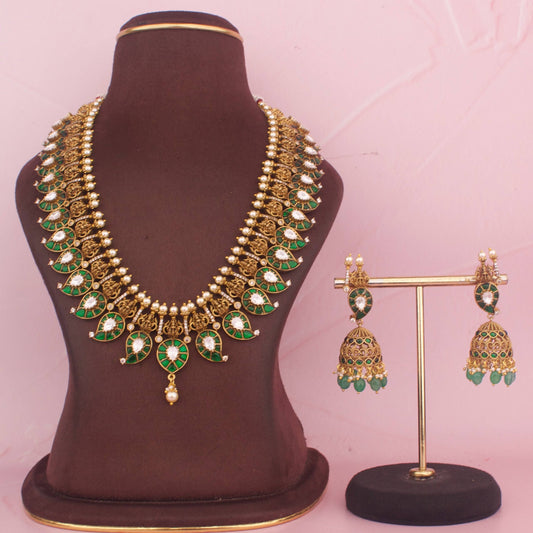 Antique Gold Jadau Kundan Mango Necklace With Matching Jhumki