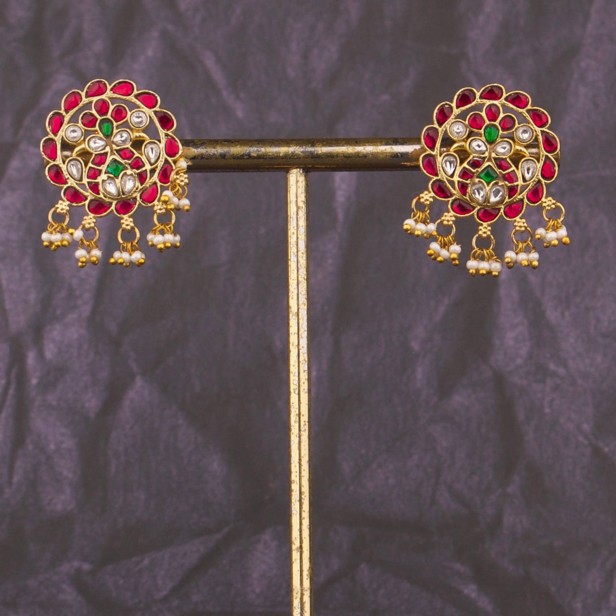 Gold Style Jadau Kundan Stud Earrings - Handcrafted Indian Bridal Jewelry by Dulhan Jewels