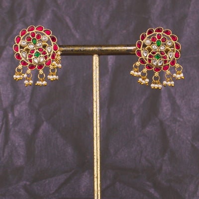 Gold Style Jadau Kundan Stud Earrings - Handcrafted Indian Bridal Jewelry by Dulhan Jewels