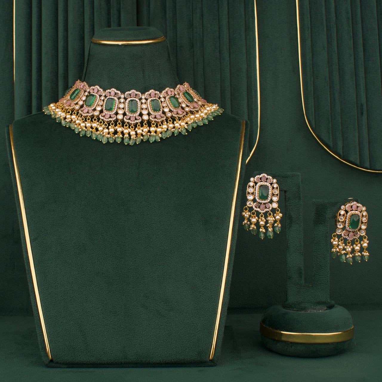 Designer Victorian Polki Fusion Chokers With Matching Earrings