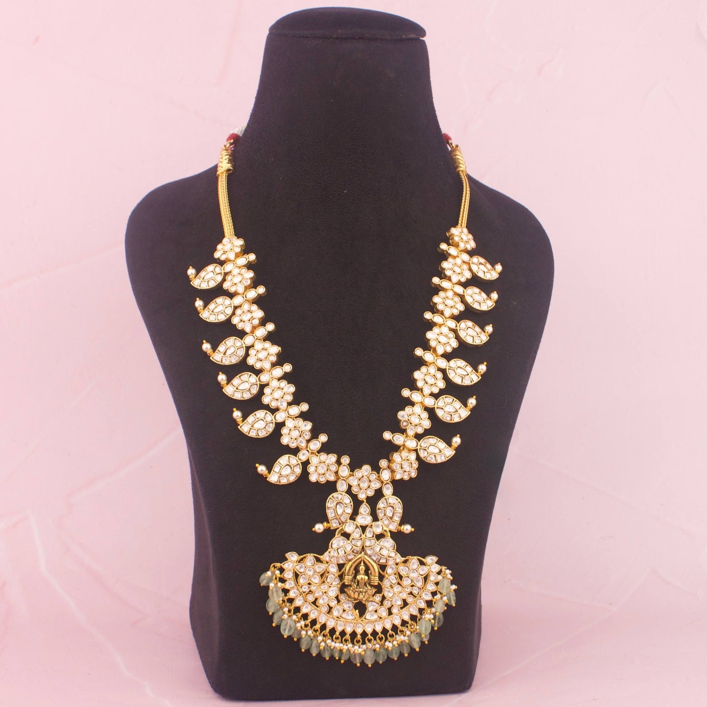 South Indian Mossanite Mango Necklace Set with Green Drops Close-up Design & Gemstone Detailing - Dulhan Jewels