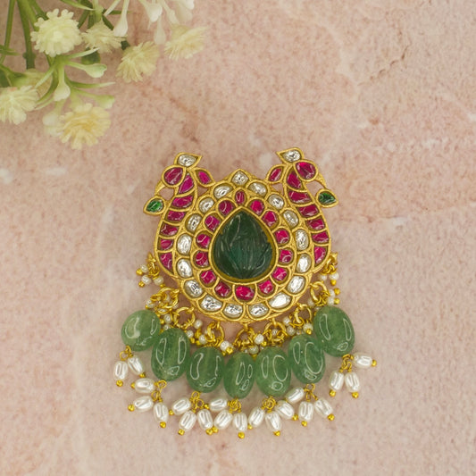 Peacock & Mango Jadau Kundan Pendant with Green Beads