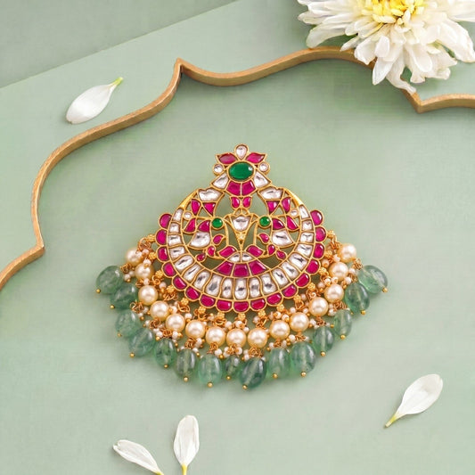 Timeless  Big Jadau Kundan Pendant With Pearl And Beads Hanging