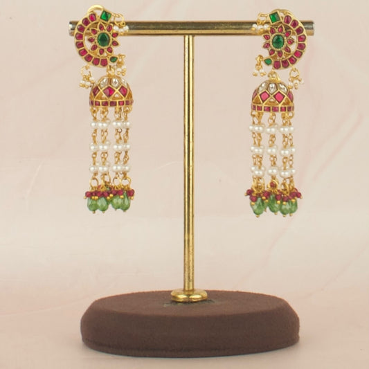 Chandbali Floral Design Jadau Kundan Jhumki White Beads Hanging
