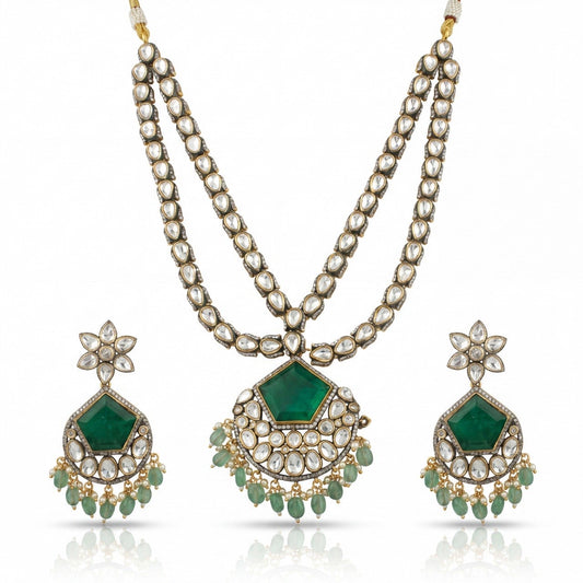 Premium antique gold Polki Alluring Two-Line Victorian Necklace Set adorned with ruby stones,