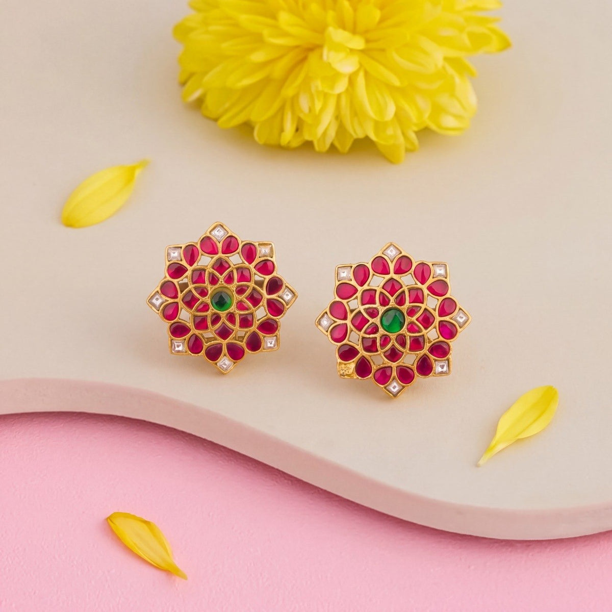 Ethnic Jadau Kundan Stud Earrings With Ruby Stones