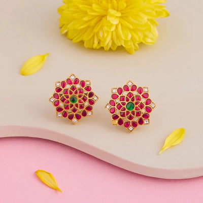 Ethnic Jadau Kundan Stud Earrings With Ruby Stones